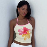 Printed Halterneck Lace-Up Ultra-Cropped Midriff-Baring Tank Top