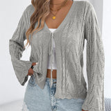 Solid-color Hollow-out Lace-up Flared-sleeve Knit Top For Women