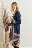 ADORA Full Size Fringe Hem Aztec Border Cardigan Plus Size