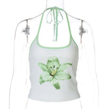 Printed Halterneck Lace-Up Ultra-Cropped Midriff-Baring Tank Top