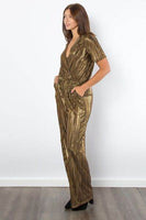 Be Stage Foil Pleated Jumpsuit with Surplice Short Sleeves