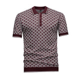 Men's Short Sleeve Knit Polo Shirt, Burgundy Diamond Geometric Jacquard, Smart Casual Retro Style, Breathable Knitted Top