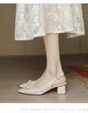 Women Block Heel Closed Toe Sandals, 2026 Summer New Fashion Square Toe Back Strap Pearl Fairy Style High Heel Pumps