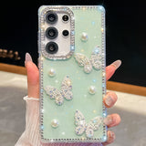 Glitter Powder Pearl Butterfly Style Phone Case With Rhinestones