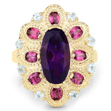 6.80 Carat Genuine Amethyst, Rhodolite and Blue Topaz .925 Sterling Silver Ring
