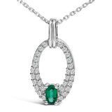 .925 Sterling Silver Created Green Emerald and White Sapphire Oval Shaped Pendant Necklace - 18" Inches