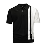 Men's Color Block Half-Zip Knit Polo Shirt, Navy & White Vertical Stripe Short Sleeve Top