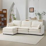 104' Plush Cloud 3 Seater Sofa: Modular 3 Seater Sofa + Ottoman with 22' Beige Chenille Cushions + 2 Throw Pillows - Compact Size for Apartment, Living Room, Bedroom (Beige)