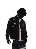 Stand-collar Contrast-color Metal-badge Knitted Cardigan Sweater