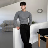 Mens Solid-Color Crew-Neck Long-Sleeve T-Shirt Autumn Slim-Fit Base Layer Top