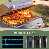 3-Burner Tabletop Portable Propane Gas Grill with Detachable Griddle,24,000 BTU Compact Outdoor BBQ TG0130K