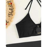 3-Pack: Textured Ring Linked Halter Bikini Swimsuit & Beach Skirt