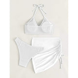 3-Pack: Textured Ring Linked Halter Bikini Swimsuit & Beach Skirt