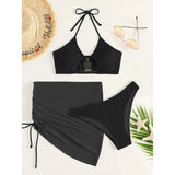 3-Pack: Textured Ring Linked Halter Bikini Swimsuit & Beach Skirt