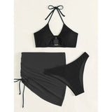 3-Pack: Textured Ring Linked Halter Bikini Swimsuit & Beach Skirt