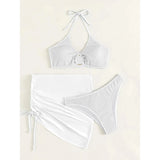 3-Pack: Textured Ring Linked Halter Bikini Swimsuit & Beach Skirt