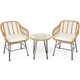 3 Pieces Rattan Furniture Set with Cushioned Chair Table