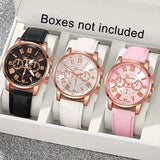 3-Pieces: Roman Quartz Women's Watches - Fashionable Round Dial with Faux Leather Strap