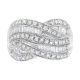 .925 Sterling Silver 1.0 Cttw Channel Set Alternating Round and Baguette Diamond Cross-over Bypass Ring Band (I-J Color, I2-I3 Clarity) - Size 7