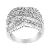 .925 Sterling Silver 1.0 Cttw Channel Set Alternating Round and Baguette Diamond Cross-over Bypass Ring Band (I-J Color, I2-I3 Clarity) - Size 7