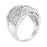 .925 Sterling Silver 1.0 Cttw Channel Set Alternating Round and Baguette Diamond Cross-over Bypass Ring Band (I-J Color, I2-I3 Clarity) - Size 7