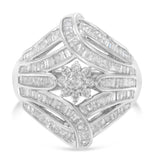 .925 Sterling Silver 1-1/8 Cttw Round & Baguette Diamond 'Flower & Fern' Cluster Cocktail Fashion Ring (I-J Color, I2-I3 Clarity) - Size 6