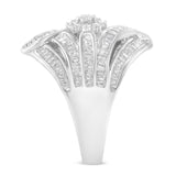 .925 Sterling Silver 1-1/8 Cttw Round & Baguette Diamond 'Flower & Fern' Cluster Cocktail Fashion Ring (I-J Color, I2-I3 Clarity) - Size 6
