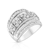 .925 Sterling Silver 2.0 Cttw Round & Baguette Cut Diamond Multi-Row Channel Set Tapered Cocktail Fashion Ring (I-J Color, I3 Clarity) - Size 7