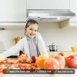 30 inch Kitchen Under Cabinet Range Hood 3-Speed 600CFM Vent w/LEDs Silver/Black