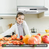 30 inch Kitchen Under Cabinet Range Hood 3-Speed 600CFM Vent w/LEDs Silver/Black