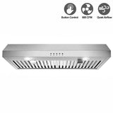 30 inch Kitchen Under Cabinet Range Hood 3-Speed 600CFM Vent w/LEDs Silver/Black