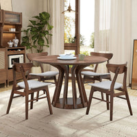 (1 Table+4 Chairs)Modern Dining Table Set of 5 pcs,Wooden Dining Table and Upholstered Chairs for Living Room,Round Kitchen Set with Sturdy Legs for Restaurant,Walnut
