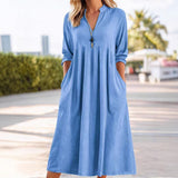 Womens Relaxed-fit Vintage Cotton-Linen Long-Sleeve V-Neck Dress With Pockets