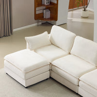 104' Plush Cloud 3 Seater Sofa: Modular 3 Seater Sofa + Ottoman with 22' Beige Chenille Cushions + 2 Throw Pillows - Compact Size for Apartment, Living Room, Bedroom (Beige)