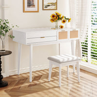 White Vanity Table Set – Hidden Mirror, Storage Drawers, and Stool