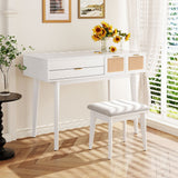 White Vanity Table Set – Hidden Mirror, Storage Drawers, and Stool
