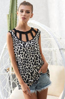 BiBi Leopard Printed Soft Rib Knit Front Sut Out Top