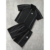 Striped Zip-front Short-sleeve Shirt And Shorts Set