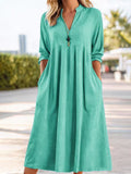 Womens Relaxed-fit Vintage Cotton-Linen Long-Sleeve V-Neck Dress With Pockets