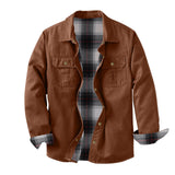 Washed Canvas Work Jacket With A Plaid Lining, Durable And Warm