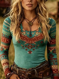 American Western Ethnic Style Printed Tight-fitting Long-sleeve T-shirt