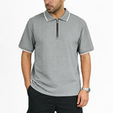 Mens Jacquard Loose-Fit Short-Sleeve Zip-Up Polo Shirt