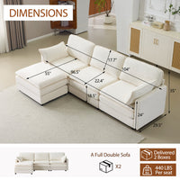 104' Plush Cloud 3 Seater Sofa: Modular 3 Seater Sofa + Ottoman with 22' Beige Chenille Cushions + 2 Throw Pillows - Compact Size for Apartment, Living Room, Bedroom (Beige)