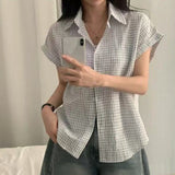 Womens Loose Korean-Style Retro Color-Block Plaid Short-Sleeve Shirt