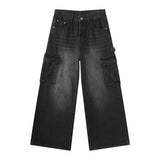 Bleached Wide-leg Multi-pocket Straight-leg Casual Work Pants
