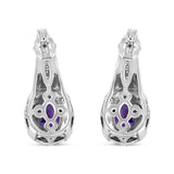 .925 Sterling Silver 8x6 MM Natural Oval Purple Amethyst Gemstone and Diamond Accent Art Deco Style Drop and Dangle Earrings (I-J Color, I1-I2 Clarity)