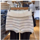 Womens White-Striped Knitted High-Waist Straight Shorts