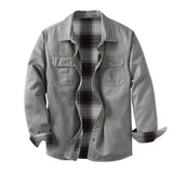 Washed Canvas Work Jacket With A Plaid Lining, Durable And Warm