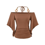 Women's Retro Off-the-Shoulder Beaded Halter Neck Top