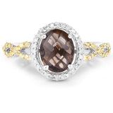 1.90 Carat Genuine Smoky Quartz, Yellow Diamond & White Diamond .925 Sterling Silver Ring